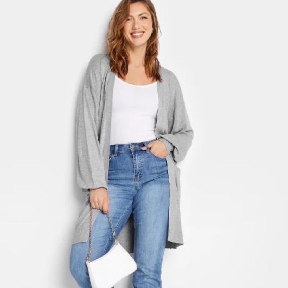 COPY - LTS Tall Gray Fine Knit Balloon Sleeve Cardigan (14-16)